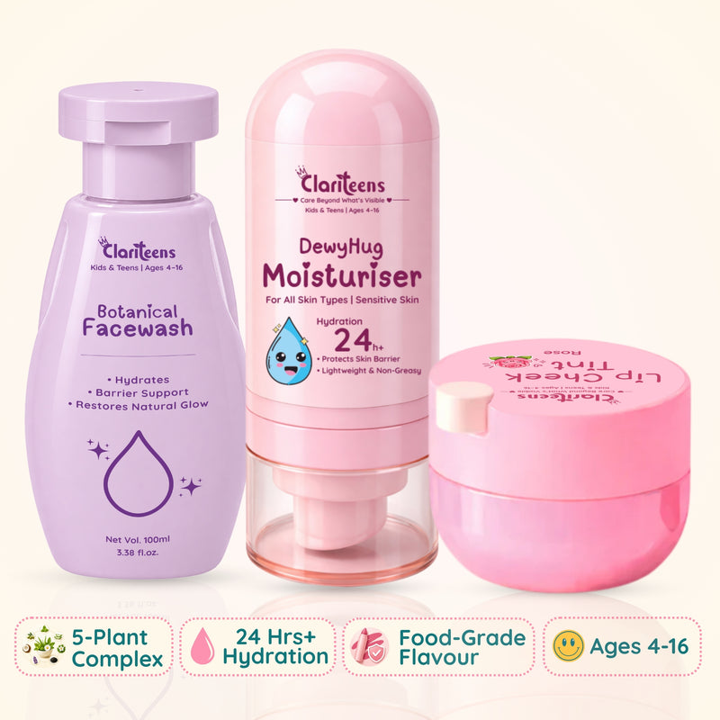 Daily Essentials Trio — Kids Botanical Cleanser, Moisturiser & Lip Tint | For Kids & Teens | Clariteens