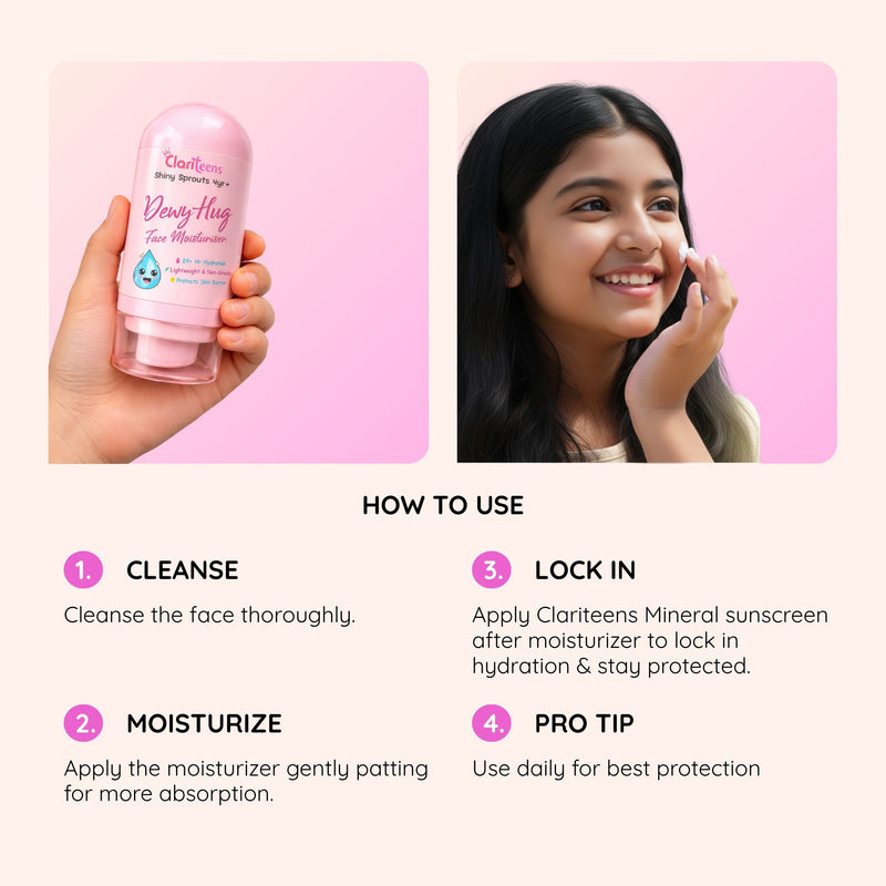 Dewy Hug Moisturiser key benefits infographic — no mineral oil, no silicones, no parabens