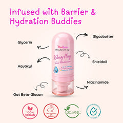 Dewy Hug Moisturiser texture — lightweight gel-creme, soft pink tint, non-greasy finish