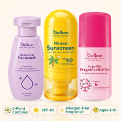 Sun & Scent Combo  — Botanical Cleanser, Sunscreen & Fragrance Roll-On | For Kids & Teens | Clariteens