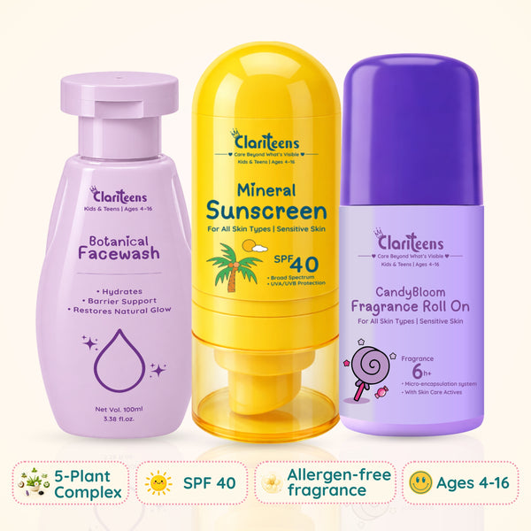 Sun & Scent Combo  — Botanical Cleanser, Sunscreen & Fragrance Roll-On | For Kids & Teens | Clariteens