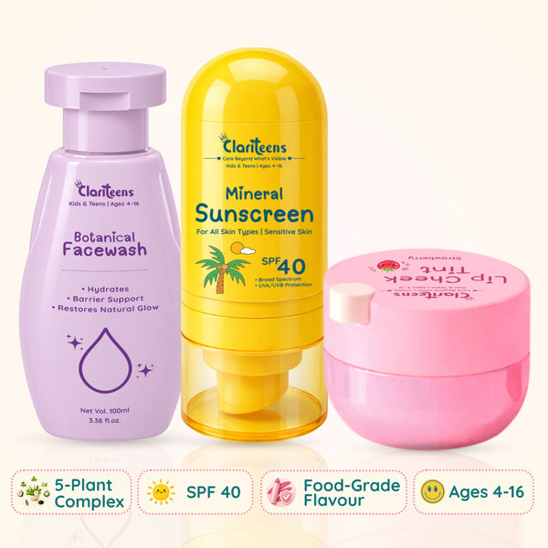 Sun-Ready Trio — Botanical Cleanser, Sunscreen & Lip Tint  | For Kids & Teens | Clariteens