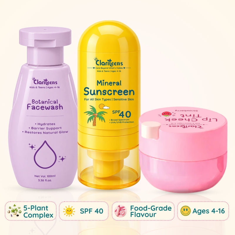 Sun-Ready Trio — Botanical Cleanser, Sunscreen & Lip Tint  | For Kids & Teens | Clariteens