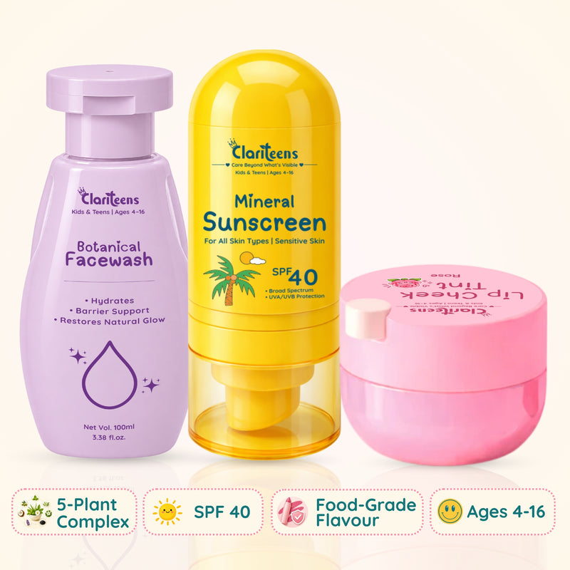 Sun-Ready Trio — Botanical Cleanser, Sunscreen & Lip Tint  | For Kids & Teens | Clariteens