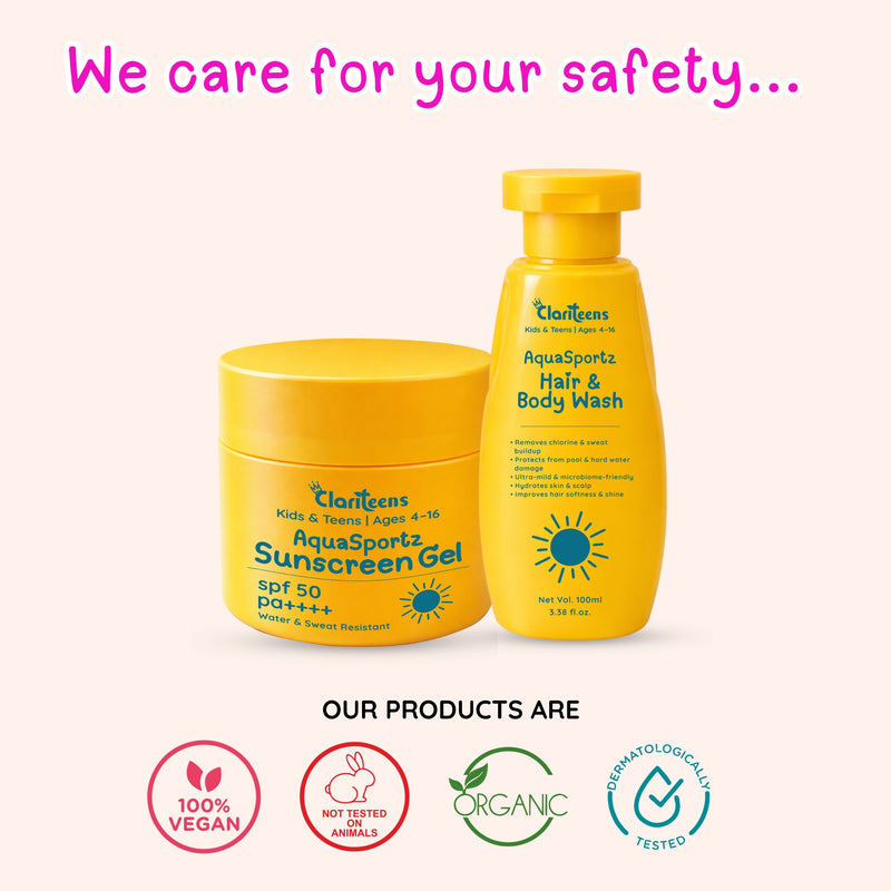 AquaSportz Pre and Post Swim Kit — Sunscreen Gel and Hair Wash | Clariteens