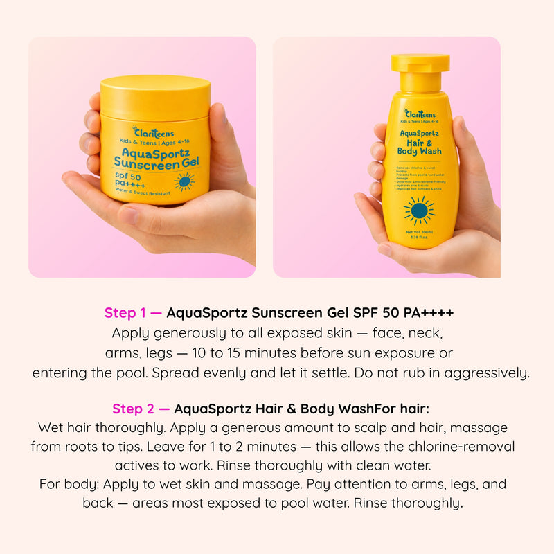 AquaSportz Pre and Post Swim Kit — Sunscreen Gel and Hair Wash | Clariteens
