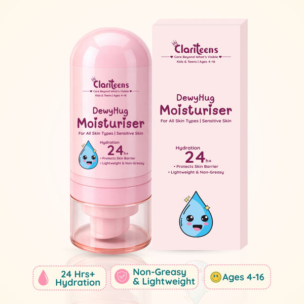 Dewy Hug Kids Moisturiser — 24Hr+ Hydration, pH Balanced, Lightweight | Clariteens