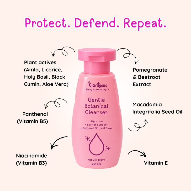 Clariteens Gentle Botanical Cleanser — BrightOBlend + Vitamin B3 & B5 + Macadamia Oil | For Kids, Pre-Teens & Teens