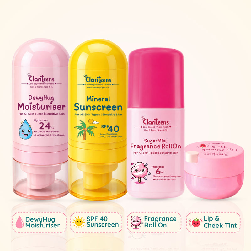 GRWM Kids Skincare Kit — Moisturiser, SPF, Strawberry Tint and Sugar Mist | Clariteens