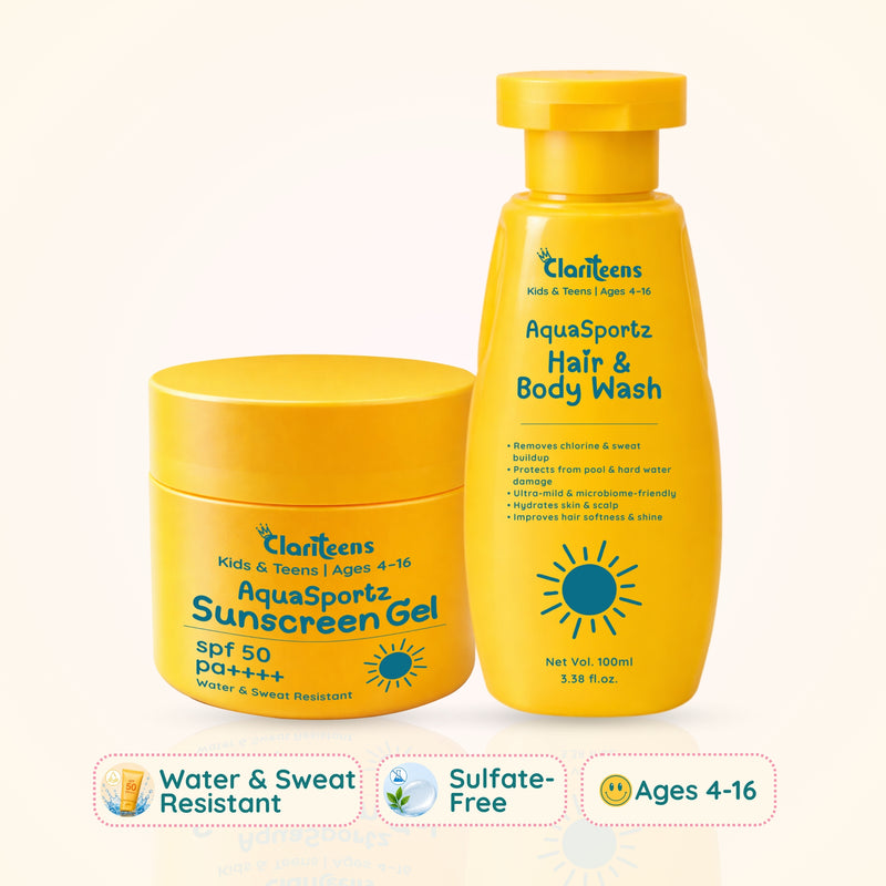 AquaSportz Pre and Post Swim Kit — Sunscreen Gel and Hair Wash | Clariteens