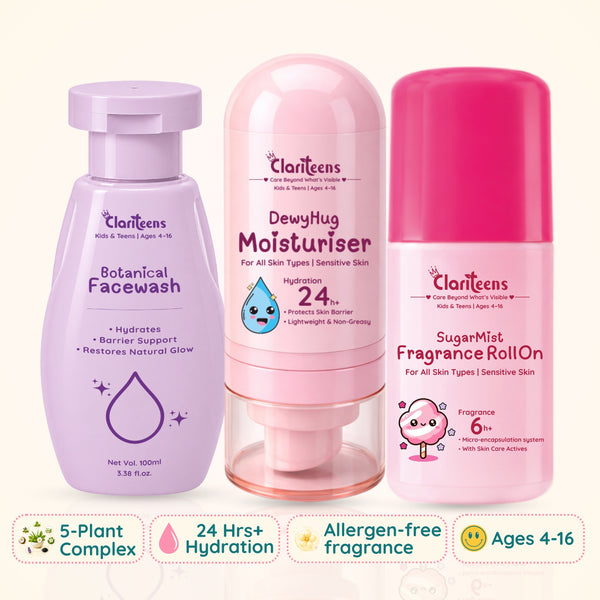 All-Day Freshness Combo  — Botanical Cleanser, Moisturiser & Fragrance Roll-On | For Kids & Teens | Clariteens