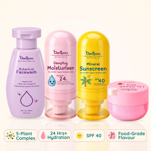 Complete Skincare Routine — Botanical Cleanser, Moisturiser, Sunscreen & Lip Tint  | For Kids & Teens | Clariteens