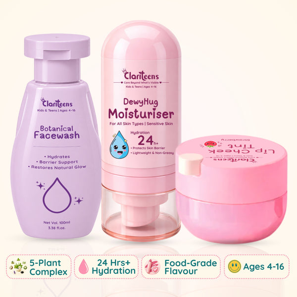 Daily Essentials Trio — Kids Botanical Cleanser, Moisturiser & Lip Tint | For Kids & Teens | Clariteens