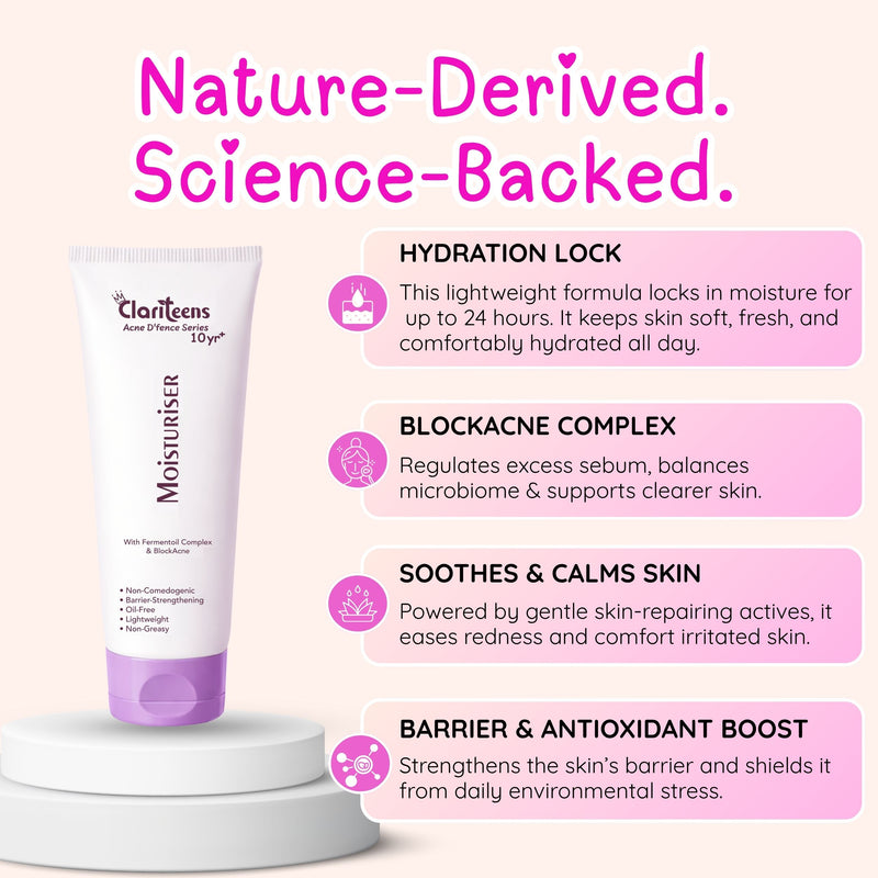 Acne D'fence Moisturiser applied on teen skin — balanced, matte, non-greasy finish