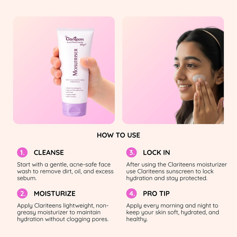 Acne D'fence Moisturiser morning and night routine — cleanse, moisturise, SPF for teen skin