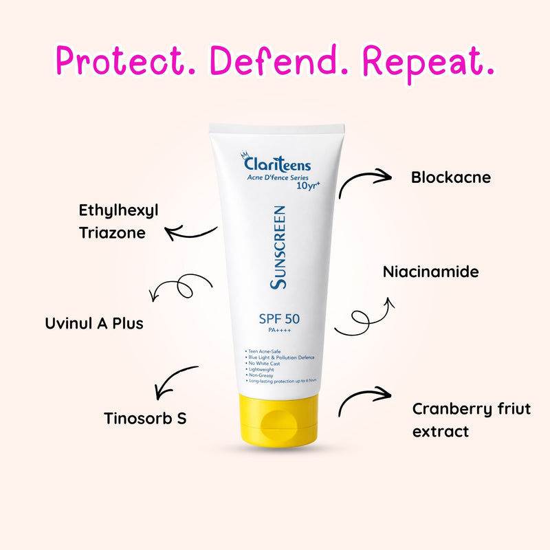 Acne D'fence Sunscreen applied on Indian teen skin — no white cast, matte finish, SPF 50