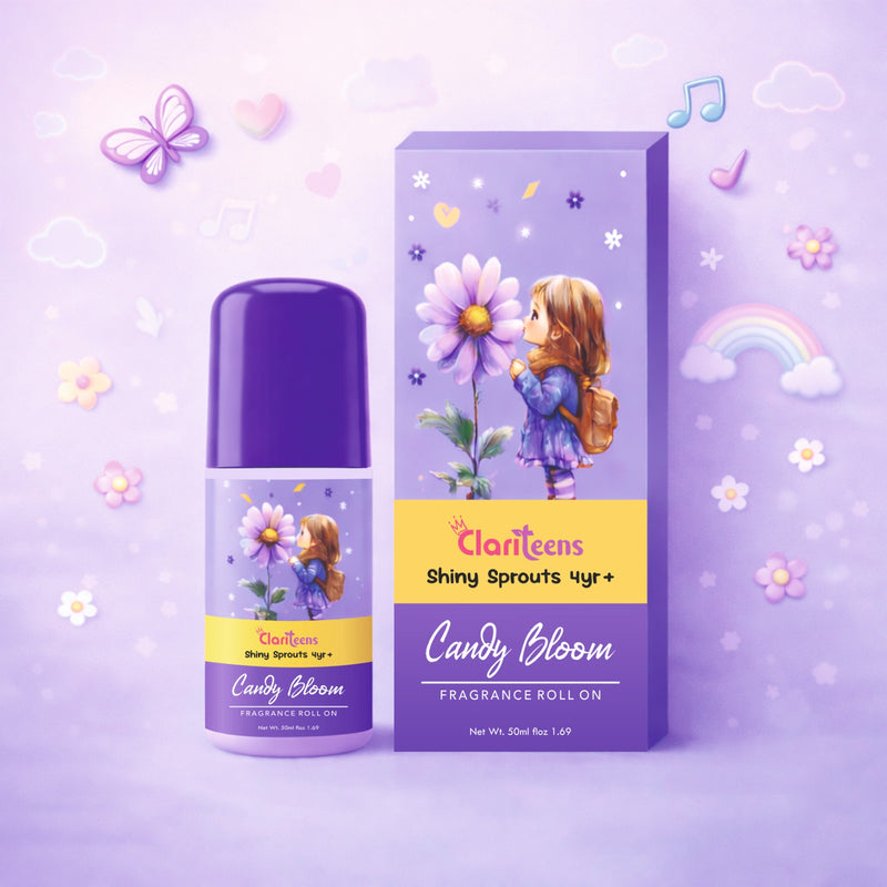 Candy Bloom Kids Fragrance Roll-On 50ml — bottle front view, Clariteens Shiny Sprouts
