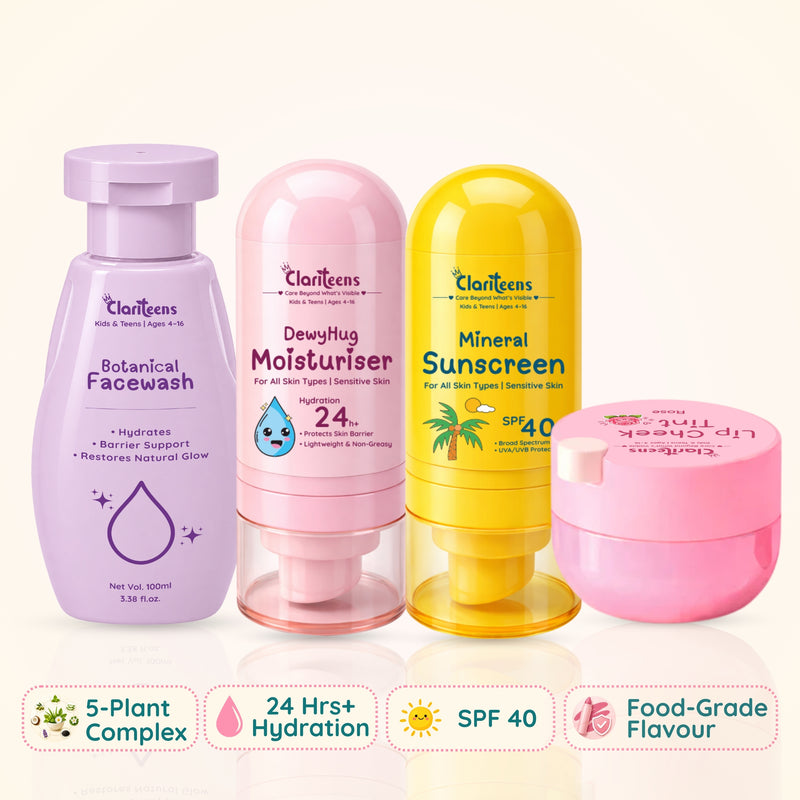 Complete Skincare Routine — Botanical Cleanser, Moisturiser, Sunscreen & Lip Tint  | For Kids & Teens | Clariteens