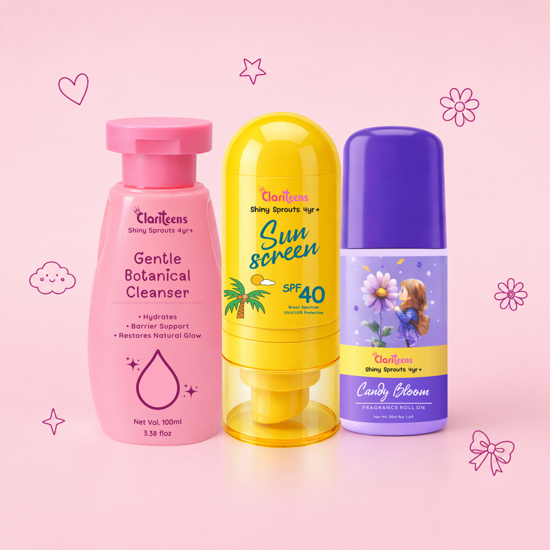 Clariteens Sun & Scent Combo  — Botanical Cleanser, Sunscreen & Fragrance Roll-On | For Kids, Pre-Teens & Teens