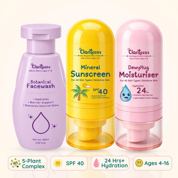 Daily Skincare Routine — Botanical Cleanser, Moisturiser, Sunscreen  | For Kids & Teens | Clariteens