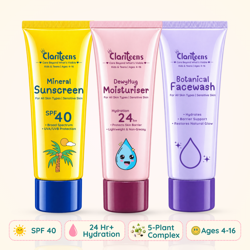 Basic Skincare Routine Travel Packs — Botanical Cleanser, Moisturiser, Sunscreen  | For Kids & Teens | 30 ml each