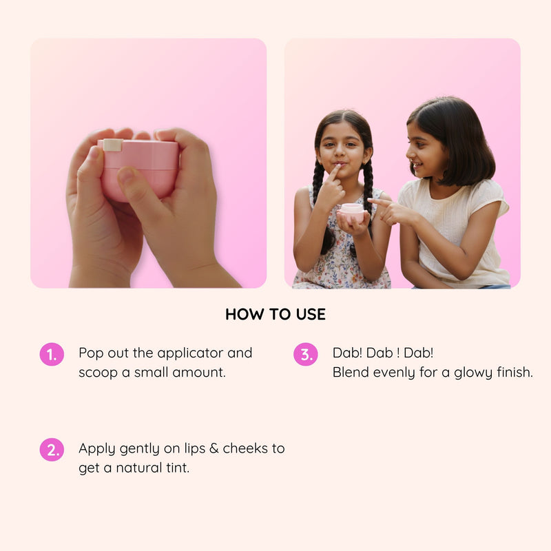 How to apply Clariteens Lip and Cheek Tint — lips first then blend onto cheeks for natural flush