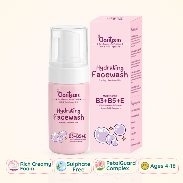 Hydrating Foaming Facewash — Multivitamin B3+B5 + PetalGuard Complex | For Dry & Sensitive Skin | Clariteens