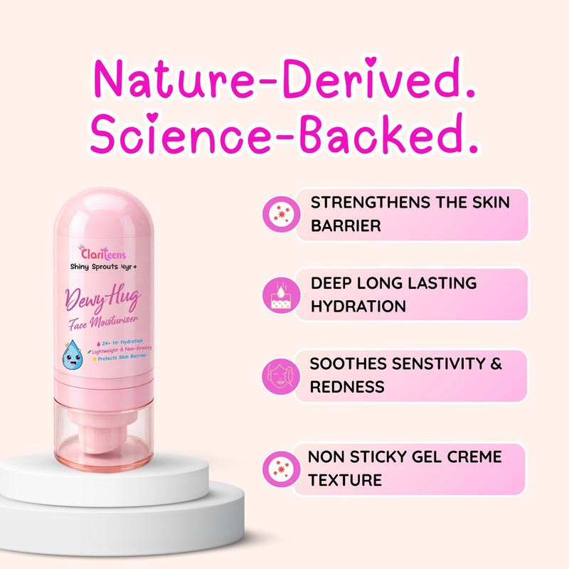 Dewy Hug Moisturiser applied on child skin — hydrated, soft, glowing result