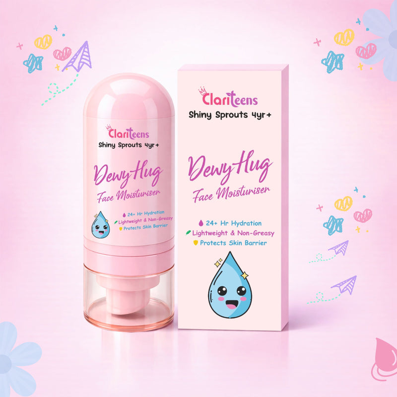 Dewy Hug Kids Moisturiser 50ml — pink bottle front view, Clariteens Shiny Sprouts