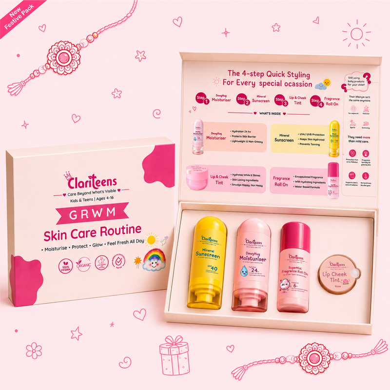 GRWM Kids Skincare Kit — Moisturiser, SPF, Strawberry Tint and Sugar Mist | Clariteens