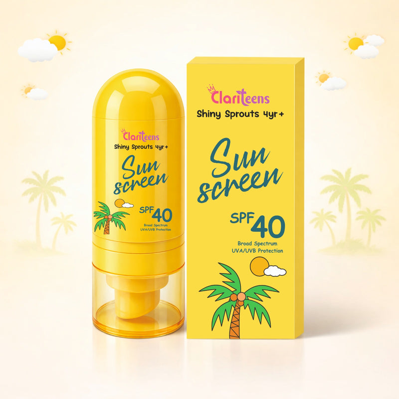 Kids Mineral Sunscreen SPF 40 50ml — yellow bottle front view, Clariteens Shiny Sprouts
