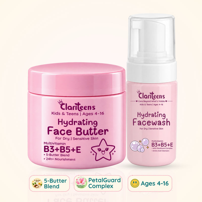 Hydrating Duo — Facewash & Face Butter | 24Hr+ Nourishment | For Dry & Sensitive Skin | Clariteens