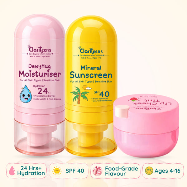 Morning Skincare Essentials — Moisturiser, Sunscreen & Lip Tint  | For Kids, & Teens | Clariteens
