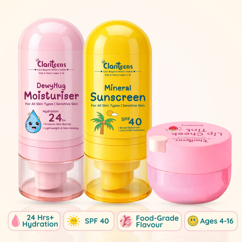 Morning Skincare Essentials — Moisturiser, Sunscreen & Lip Tint  | For Kids, & Teens | Clariteens
